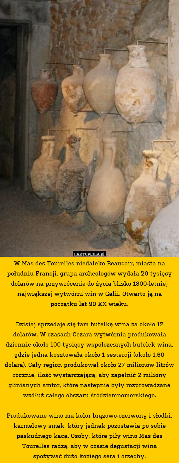 W Mas des Tourelles niedaleko Beaucair, miasta na południu Francji, grupa archeologów wydała 20 tysięcy dolarów na przywrócenie do życia blisko 1800-letniej największej wytwórni win w Galii. Otwarto ją na początku lat 90 XX wieku.

Dzisiaj sprzedaje się tam butelkę wina za około 12 dolarów. W czasach Cezara wytwórnia produkowała dziennie około 100 tysięcy współczesnych butelek wina, gdzie jedna kosztowała około 1 sestercji (około 1,60 dolara). Cały region produkował około 27 milionów litrów rocznie, ilość wystarczającą, aby zapełnić 2 miliony glinianych amfor, które następnie były rozprowadzane wzdłuż całego obszaru śródziemnomorskiego.

Produkowane wino ma kolor brązowo-czerwony i słodki, karmelowy smak, który jednak pozostawia po sobie paskudnego kaca. Osoby, które piły wino Mas des Tourelles radzą, aby w czasie degustacji wina
spożywać dużo koziego sera i orzechy. 