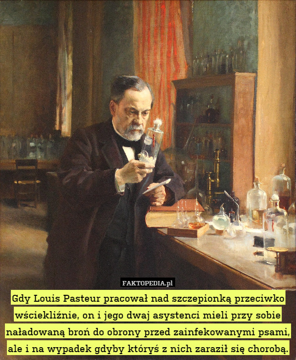 Gdy Louis Pasteur pracował nad szczepionką przeciwko wściekliźnie, on i jego dwaj asystenci mieli przy sobie naładowaną broń do obrony przed zainfekowanymi psami, ale i na wypadek gdyby któryś z nich zaraził się chorobą. 
