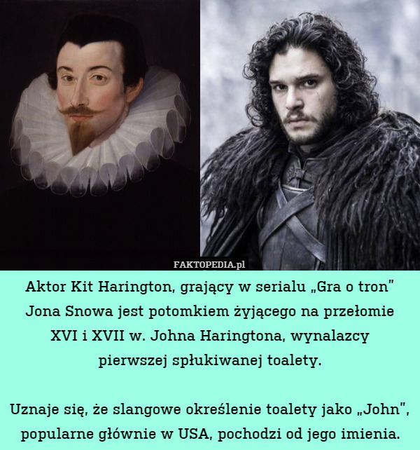 Aktor Kit Harington, grający w serialu „Gra o tron” Jona Snowa jest potomkiem żyjącego na przełomie
XVI i XVII w. Johna Haringtona, wynalazcy
pierwszej spłukiwanej toalety.

Uznaje się, że slangowe określenie toalety jako „John”, popularne głównie w USA, pochodzi od jego imienia. 