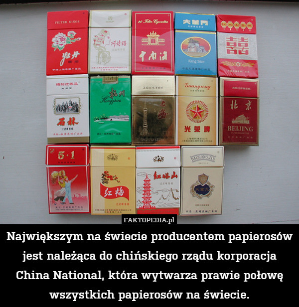 Największym na świecie producentem papierosów jest należąca do chińskiego rządu korporacja China National, która wytwarza prawie połowę wszystkich papierosów na świecie. 