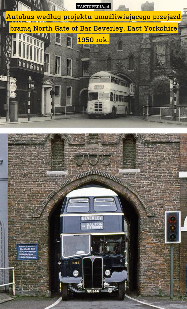 Autobus według projektu umożliwiającego przejazd bramą North Gate of Bar Beverley, East Yorkshire 1950 rok. 