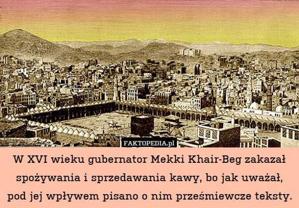 W XVI wieku gubernator Mekki Khair-Beg zakazał spożywania i sprzedawania kawy, bo jak uważał, pod jej wpływem pisano o nim prześmiewcze teksty. 