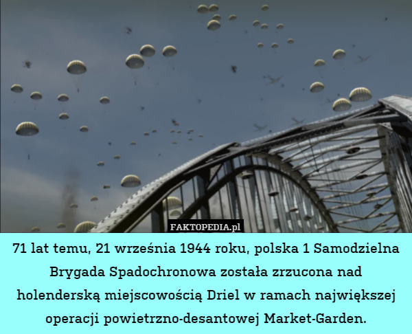 71 lat temu, 21 września 1944 roku, polska 1 Samodzielna Brygada Spadochronowa została zrzucona nad holenderską miejscowością Driel w ramach największej operacji powietrzno-desantowej Market-Garden. 