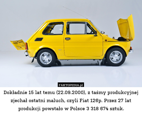 Dokładnie 15 lat temu (22.09.2000), z taśmy produkcyjnej zjechał ostatni maluch, czyli Fiat 126p. Przez 27 lat produkcji powstało w Polsce 3 318 674 sztuk. 