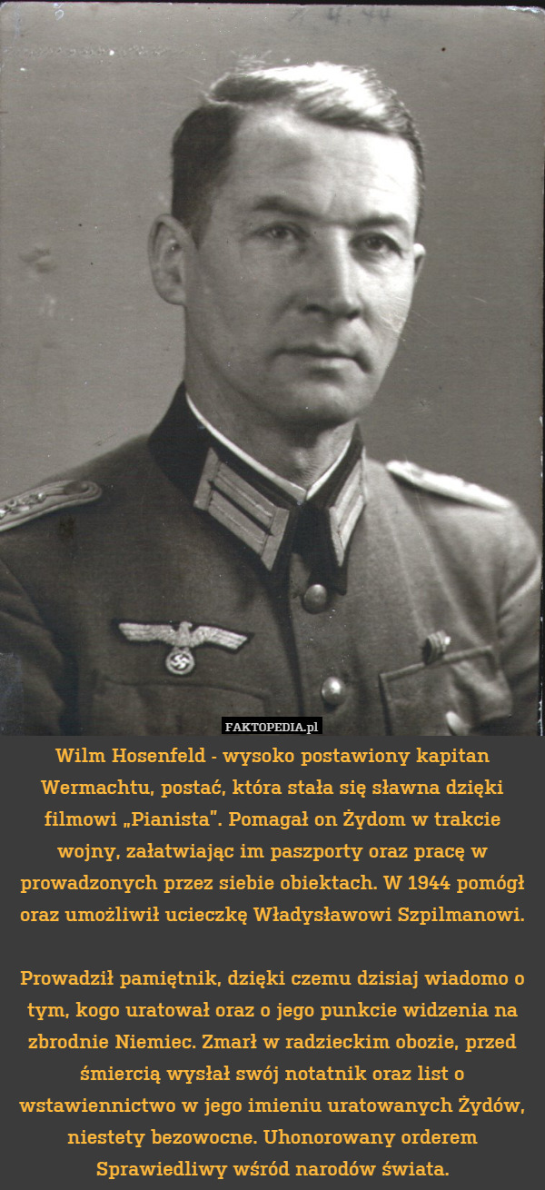 Wilm Hosenfeld - wysoko postawiony kapitan Wermachtu, postać, która stała się sławna dzięki filmowi „Pianista”. Pomagał on Żydom w trakcie wojny, załatwiając im paszporty oraz pracę w prowadzonych przez siebie obiektach. W 1944 pomógł oraz umożliwił ucieczkę Władysławowi Szpilmanowi.

Prowadził pamiętnik, dzięki czemu dzisiaj wiadomo o tym, kogo uratował oraz o jego punkcie widzenia na zbrodnie Niemiec. Zmarł w radzieckim obozie, przed śmiercią wysłał swój notatnik oraz list o wstawiennictwo w jego imieniu uratowanych Żydów, niestety bezowocne. Uhonorowany orderem Sprawiedliwy wśród narodów świata. 