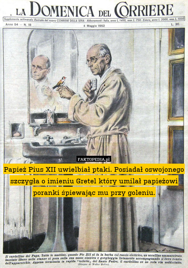 Papież Pius XII uwielbiał ptaki. Posiadał oswojonego szczygła o imieniu Gretel który umilał papieżowi poranki śpiewając mu przy goleniu. 