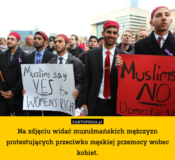 Na zdjęciu widać muzułmańskich mężczyzn protestujących przeciwko męskiej przemocy wobec kobiet. 