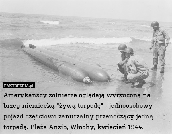 Amerykańscy żołnierze oglądają wyrzuconą na brzeg niemiecką "żywą torpedę" - jednoosobowy pojazd częściowo zanurzalny przenoszący jedną torpedę. Plaża Anzio, Włochy, kwiecień 1944. 