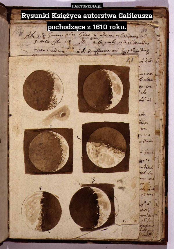 Rysunki Księżyca autorstwa Galileusza pochodzące z 1610 roku. 