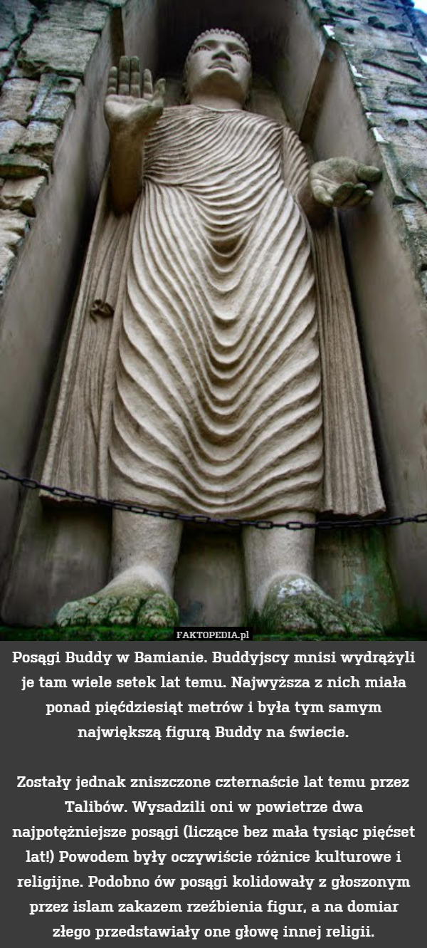 Posągi Buddy w Bamianie. Buddyjscy mnisi wydrążyli je tam wiele setek lat temu. Najwyższa z nich miała ponad pięćdziesiąt metrów i była tym samym największą figurą Buddy na świecie.

Zostały jednak zniszczone czternaście lat temu przez Talibów. Wysadzili oni w powietrze dwa najpotężniejsze posągi (liczące bez mała tysiąc pięćset lat!) Powodem były oczywiście różnice kulturowe i religijne. Podobno ów posągi kolidowały z głoszonym przez islam zakazem rzeźbienia figur, a na domiar złego przedstawiały one głowę innej religii. 