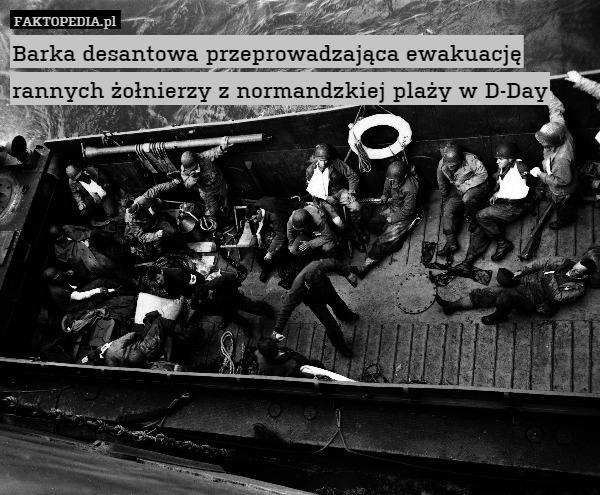 Barka desantowa przeprowadzająca ewakuację rannych żołnierzy z normandzkiej plaży w D-Day 