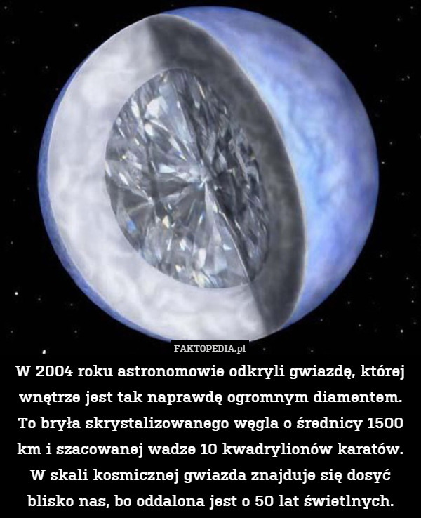 W 2004 roku astronomowie odkryli gwiazdę, której wnętrze jest tak naprawdę ogromnym diamentem.
To bryła skrystalizowanego węgla o średnicy 1500 km i szacowanej wadze 10 kwadrylionów karatów. W skali kosmicznej gwiazda znajduje się dosyć blisko nas, bo oddalona jest o 50 lat świetlnych. 