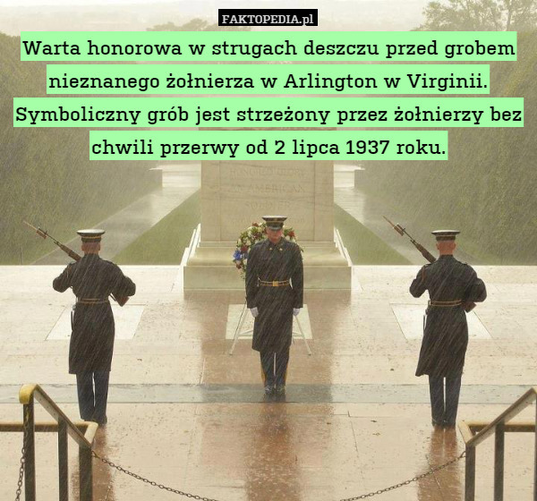 Warta honorowa w strugach deszczu przed grobem nieznanego żołnierza w Arlington w Virginii.
Symboliczny grób jest strzeżony przez żołnierzy bez chwili przerwy od 2 lipca 1937 roku. 