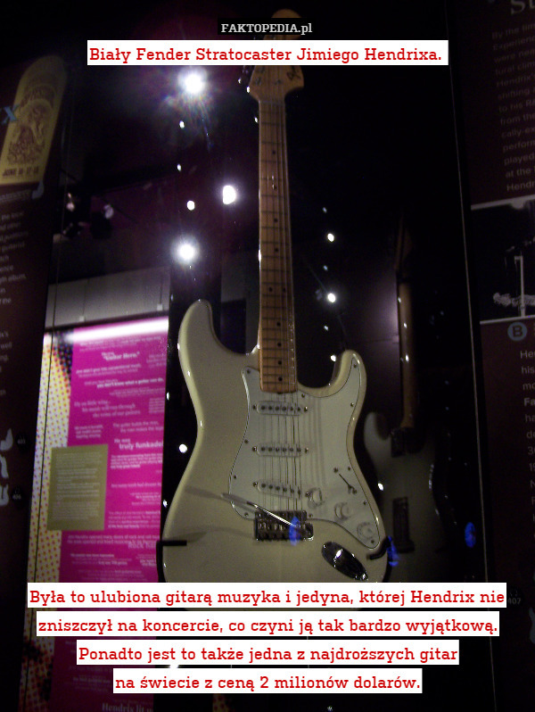 Biały Fender Stratocaster Jimiego Hendrixa. 


















Była to ulubiona gitarą muzyka i jedyna, której Hendrix nie zniszczył na koncercie, co czyni ją tak bardzo wyjątkową. Ponadto jest to także jedna z najdroższych gitar
na świecie z ceną 2 milionów dolarów. 