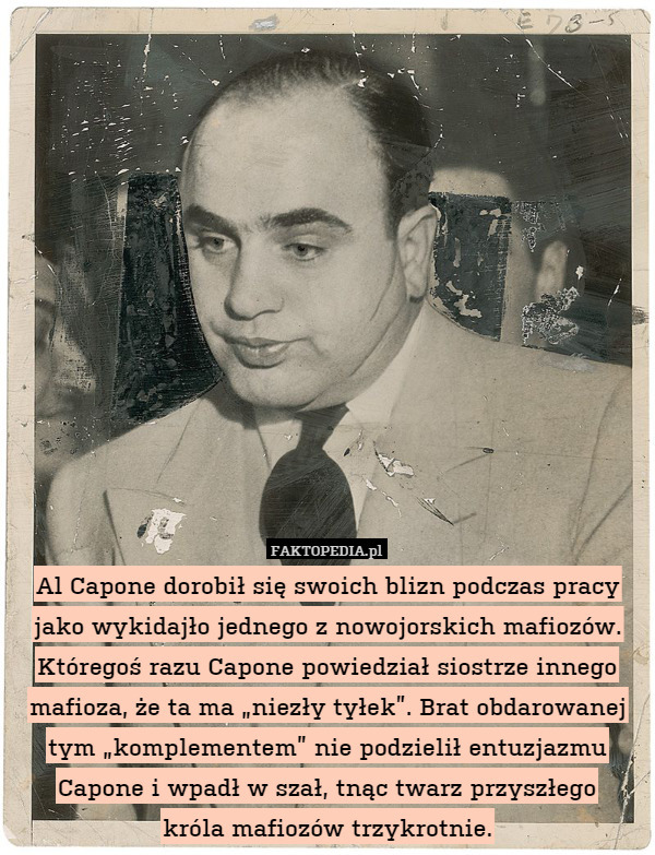 Al Capone dorobił się swoich blizn podczas pracy jako wykidajło jednego z nowojorskich mafiozów. Któregoś razu Capone powiedział siostrze innego mafioza, że ta ma „niezły tyłek”. Brat obdarowanej tym „komplementem” nie podzielił entuzjazmu Capone i wpadł w szał, tnąc twarz przyszłego
króla mafiozów trzykrotnie. 