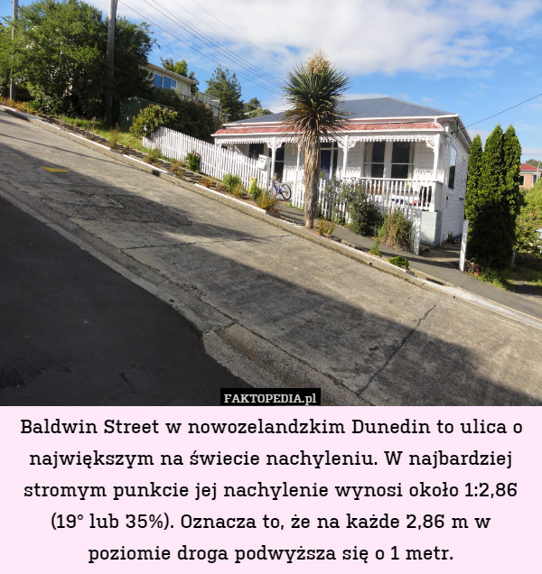 Baldwin Street w nowozelandzkim Dunedin to ulica o największym na świecie nachyleniu. W najbardziej stromym punkcie jej nachylenie wynosi około 1:2,86 (19° lub 35%). Oznacza to, że na każde 2,86 m w poziomie droga podwyższa się o 1 metr. 