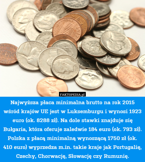 Najwyższa płaca minimalna brutto na rok 2015 wśród krajów UE jest w Luksemburgu i wynosi 1923 euro (ok. 8288 zł). Na dole stawki znajduje się Bułgaria, która oferuje zaledwie 184 euro (ok. 793 zł). Polska z płacą minimalną wynoszącą 1750 zł (ok. 410 euro) wyprzedza m.in. takie kraje jak Portugalię, Czechy, Chorwację, Słowację czy Rumunię. 