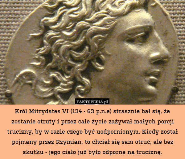 Król Mitrydates VI (134 - 63 p.n.e) strasznie bał się, że zostanie otruty i przez całe życie zażywał małych porcji trucizny, by w razie czego być uodpornionym. Kiedy został pojmany przez Rzymian, to chciał się sam otruć, ale bez skutku - jego ciało już było odporne na truciznę. 