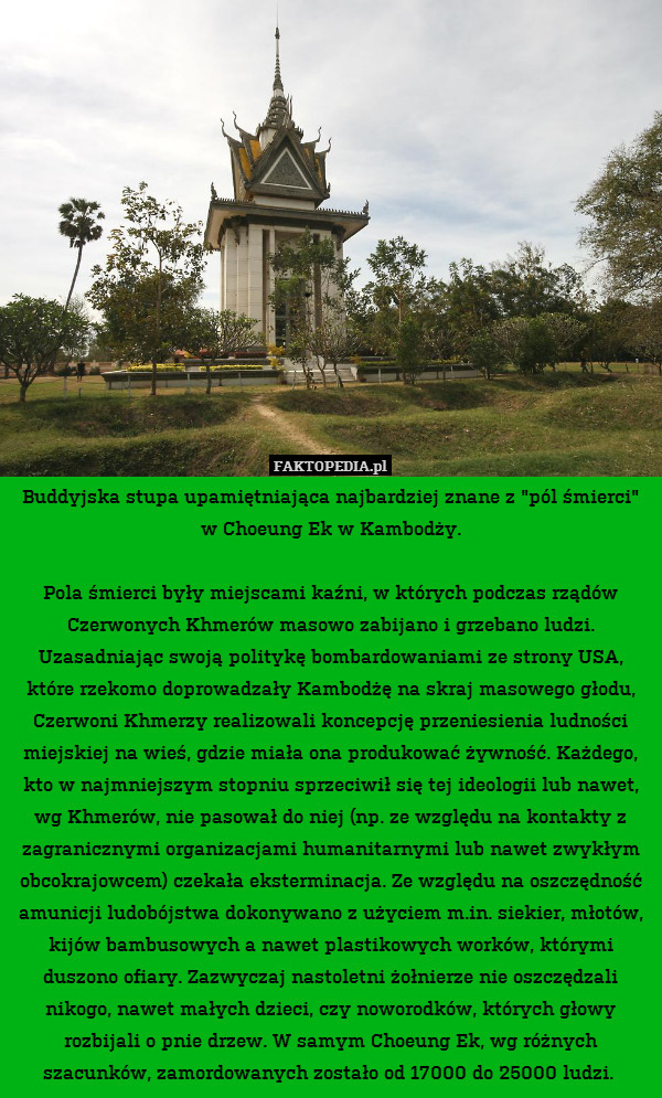 Buddyjska stupa upamiętniająca najbardziej znane z "pól śmierci" w Choeung Ek w Kambodży.

Pola śmierci były miejscami kaźni, w których podczas rządów Czerwonych Khmerów masowo zabijano i grzebano ludzi. Uzasadniając swoją politykę bombardowaniami ze strony USA, które rzekomo doprowadzały Kambodżę na skraj masowego głodu, Czerwoni Khmerzy realizowali koncepcję przeniesienia ludności miejskiej na wieś, gdzie miała ona produkować żywność. Każdego, kto w najmniejszym stopniu sprzeciwił się tej ideologii lub nawet, wg Khmerów, nie pasował do niej (np. ze względu na kontakty z zagranicznymi organizacjami humanitarnymi lub nawet zwykłym obcokrajowcem) czekała eksterminacja. Ze względu na oszczędność amunicji ludobójstwa dokonywano z użyciem m.in. siekier, młotów, kijów bambusowych a nawet plastikowych worków, którymi duszono ofiary. Zazwyczaj nastoletni żołnierze nie oszczędzali nikogo, nawet małych dzieci, czy noworodków, których głowy rozbijali o pnie drzew. W samym Choeung Ek, wg różnych szacunków, zamordowanych zostało od 17000 do 25000 ludzi. 