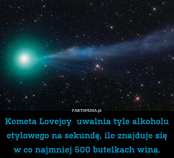 Kometa Lovejoy  uwalnia tyle alkoholu etylowego na sekundę, ile znajduje się w co najmniej 500 butelkach wina. 