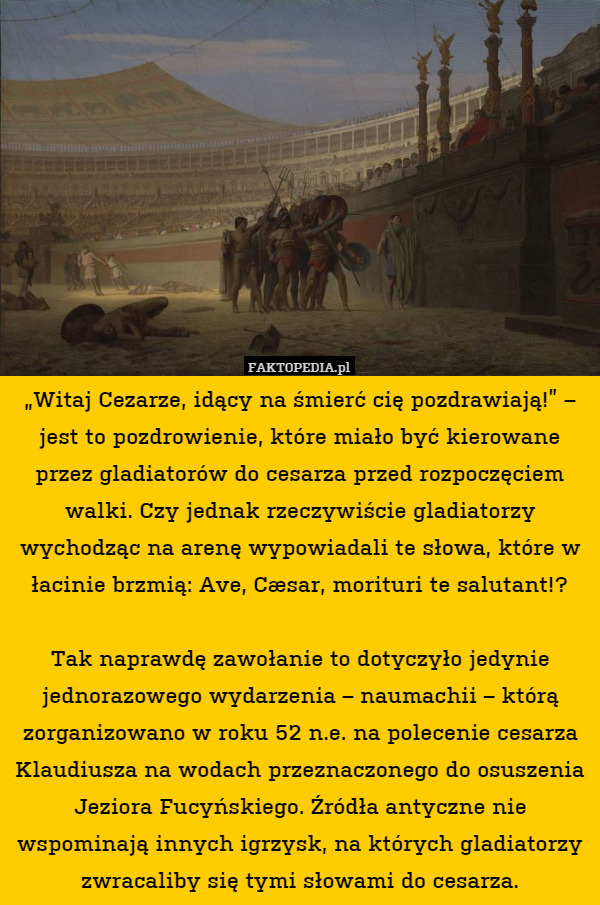 „Witaj Cezarze, idący na śmierć cię pozdrawiają!” – jest to pozdrowienie, które miało być kierowane przez gladiatorów do cesarza przed rozpoczęciem walki. Czy jednak rzeczywiście gladiatorzy wychodząc na arenę wypowiadali te słowa, które w łacinie brzmią: Ave, Cæsar, morituri te salutant!?

Tak naprawdę zawołanie to dotyczyło jedynie jednorazowego wydarzenia – naumachii – którą zorganizowano w roku 52 n.e. na polecenie cesarza Klaudiusza na wodach przeznaczonego do osuszenia Jeziora Fucyńskiego. Źródła antyczne nie wspominają innych igrzysk, na których gladiatorzy zwracaliby się tymi słowami do cesarza. 