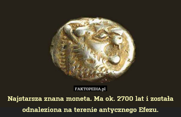 Najstarsza znana moneta. Ma ok. 2700 lat i została odnaleziona na terenie antycznego Efezu. 