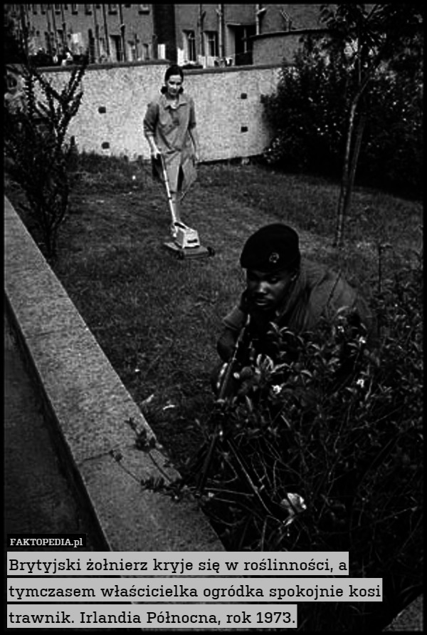 Brytyjski żołnierz kryje się w roślinności, a tymczasem właścicielka ogródka spokojnie kosi trawnik. Irlandia Północna, rok 1973. 