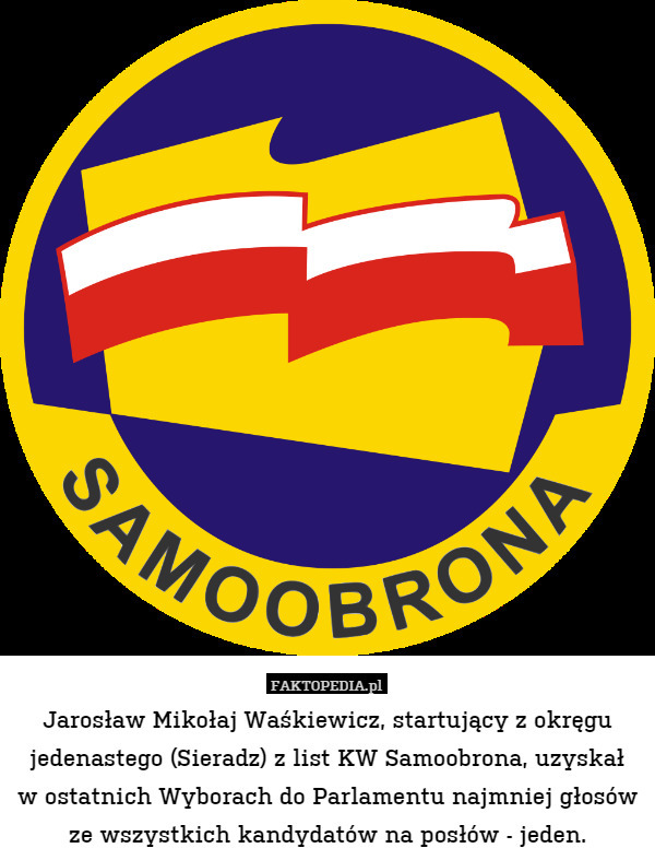 Jarosław Mikołaj Waśkiewicz, startujący z okręgu jedenastego (Sieradz) z list KW Samoobrona, uzyskał
w ostatnich Wyborach do Parlamentu najmniej głosów ze wszystkich kandydatów na posłów - jeden. 