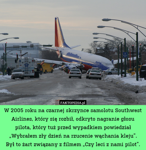 W 2005 roku na czarnej skrzynce samolotu Southwest Airlines, który się rozbił, odkryto nagranie głosu pilota, który tuż przed wypadkiem powiedział „Wybrałem zły dzień na rzucenie wąchania kleju”.
Był to żart związany z filmem „Czy leci z nami pilot”. 