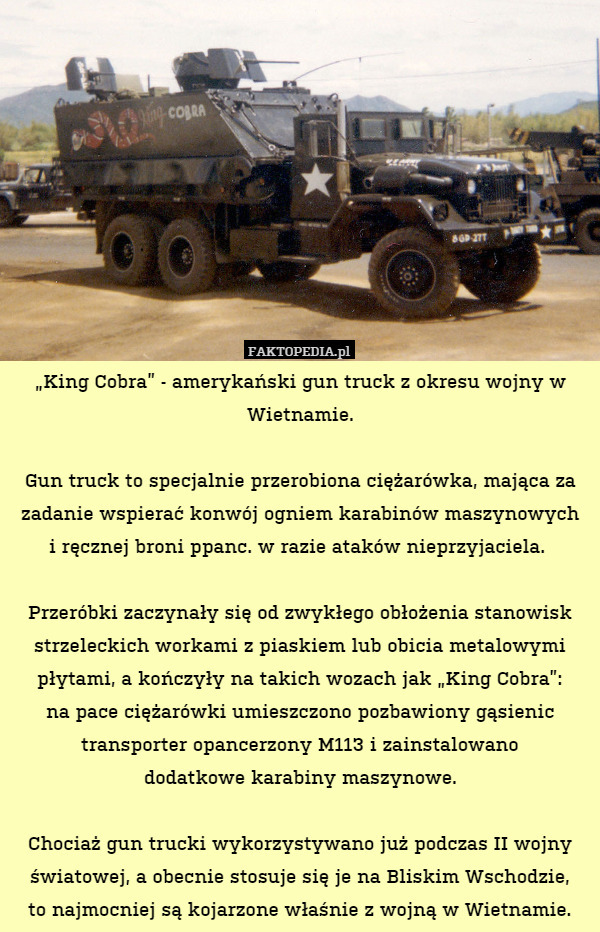 „King Cobra” - amerykański gun truck z okresu wojny w Wietnamie.

Gun truck to specjalnie przerobiona ciężarówka, mająca za zadanie wspierać konwój ogniem karabinów maszynowych
i ręcznej broni ppanc. w razie ataków nieprzyjaciela. 

Przeróbki zaczynały się od zwykłego obłożenia stanowisk strzeleckich workami z piaskiem lub obicia metalowymi płytami, a kończyły na takich wozach jak „King Cobra”:
na pace ciężarówki umieszczono pozbawiony gąsienic transporter opancerzony M113 i zainstalowano
dodatkowe karabiny maszynowe.

Chociaż gun trucki wykorzystywano już podczas II wojny światowej, a obecnie stosuje się je na Bliskim Wschodzie,
to najmocniej są kojarzone właśnie z wojną w Wietnamie. 