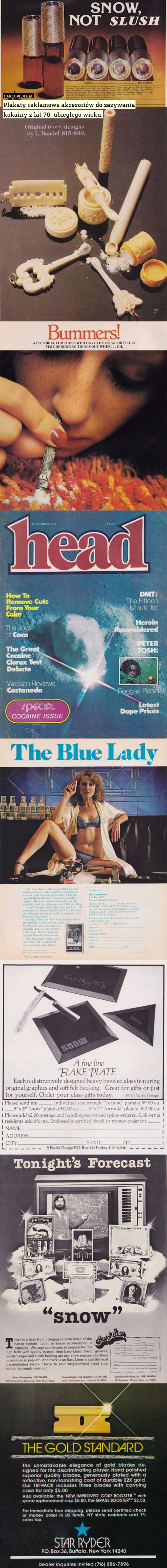 Plakaty reklamowe akcesoriów do zażywania
kokainy z lat 70. ubiegłego wieku. 