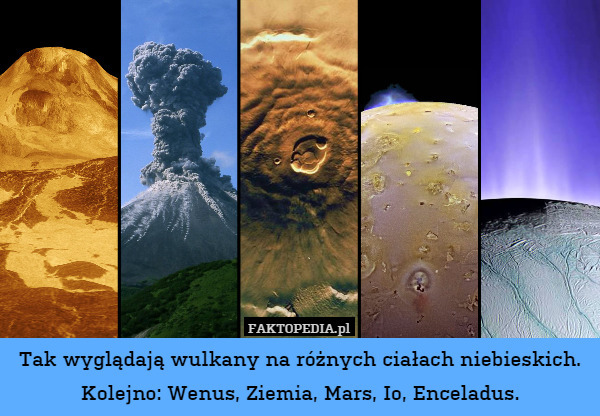 Tak wyglądają wulkany na różnych ciałach niebieskich.
Kolejno: Wenus, Ziemia, Mars, Io, Enceladus. 