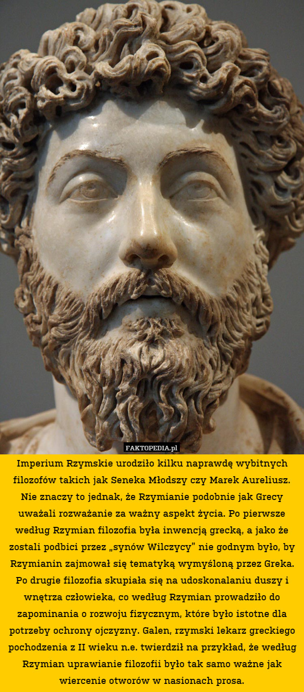 Imperium Rzymskie urodziło kilku naprawdę wybitnych filozofów takich jak Seneka Młodszy czy Marek Aureliusz. Nie znaczy to jednak, że Rzymianie podobnie jak Grecy uważali rozważanie za ważny aspekt życia. Po pierwsze według Rzymian filozofia była inwencją grecką, a jako że zostali podbici przez „synów Wilczycy” nie godnym było, by Rzymianin zajmował się tematyką wymyśloną przez Greka.
Po drugie filozofia skupiała się na udoskonalaniu duszy i wnętrza człowieka, co według Rzymian prowadziło do zapominania o rozwoju fizycznym, które było istotne dla potrzeby ochrony ojczyzny. Galen, rzymski lekarz greckiego pochodzenia z II wieku n.e. twierdził na przykład, że według Rzymian uprawianie filozofii było tak samo ważne jak wiercenie otworów w nasionach prosa. 