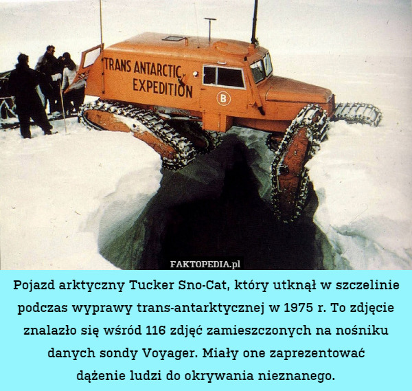 Pojazd arktyczny Tucker Sno-Cat, który utknął w szczelinie podczas wyprawy trans-antarktycznej w 1975 r. To zdjęcie znalazło się wśród 116 zdjęć zamieszczonych na nośniku danych sondy Voyager. Miały one zaprezentować
dążenie ludzi do okrywania nieznanego. 