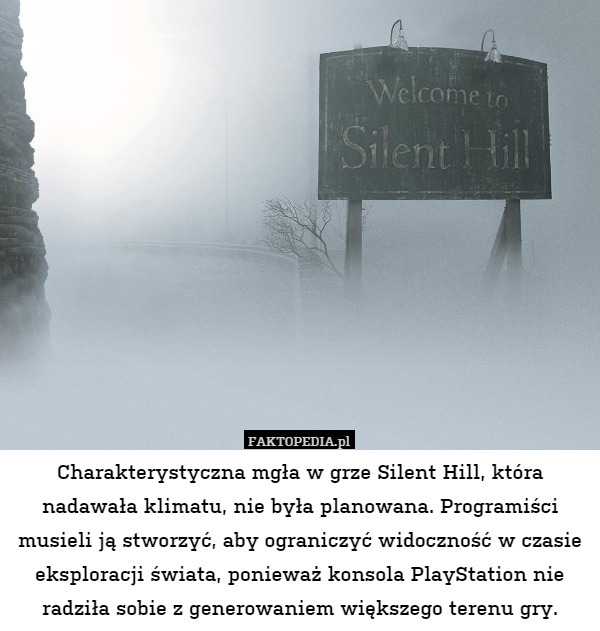 Charakterystyczna mgła w grze Silent Hill, która nadawała klimatu, nie była planowana. Programiści musieli ją stworzyć, aby ograniczyć widoczność w czasie eksploracji świata, ponieważ konsola PlayStation nie radziła sobie z generowaniem większego terenu gry. 