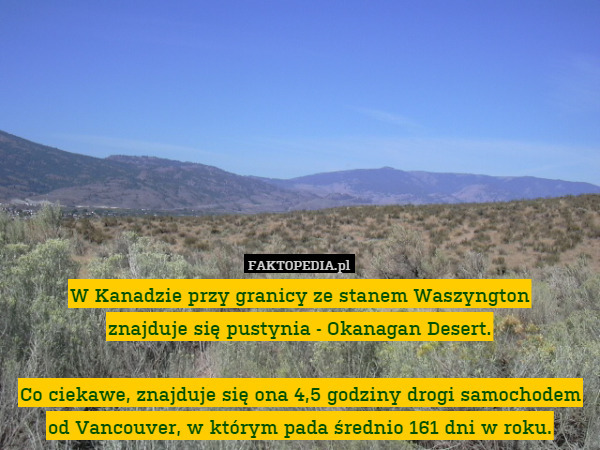 W Kanadzie przy granicy ze stanem Waszyngton
znajduje się pustynia - Okanagan Desert.

Co ciekawe, znajduje się ona 4,5 godziny drogi samochodem od Vancouver, w którym pada średnio 161 dni w roku. 