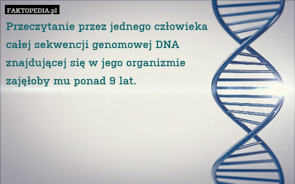 Przeczytanie przez jednego człowieka
całej sekwencji genomowej DNA
znajdującej się w jego organizmie
zajęłoby mu ponad 9 lat. 