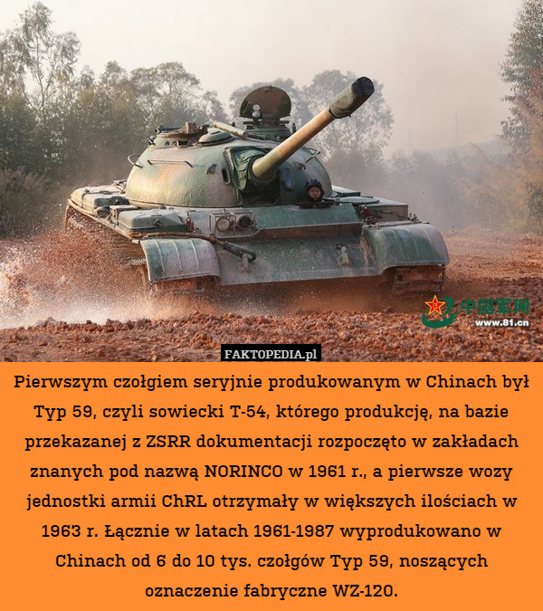 Pierwszym czołgiem seryjnie produkowanym w Chinach był Typ 59, czyli sowiecki T-54, którego produkcję, na bazie przekazanej z ZSRR dokumentacji rozpoczęto w zakładach znanych pod nazwą NORINCO w 1961 r., a pierwsze wozy jednostki armii ChRL otrzymały w większych ilościach w 1963 r. Łącznie w latach 1961-1987 wyprodukowano w Chinach od 6 do 10 tys. czołgów Typ 59, noszących oznaczenie fabryczne WZ-120. 
