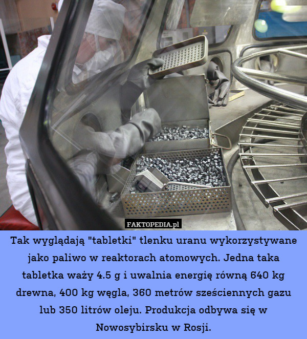 Tak wyglądają "tabletki" tlenku uranu wykorzystywane jako paliwo w reaktorach atomowych. Jedna taka tabletka waży 4.5 g i uwalnia energię równą 640 kg drewna, 400 kg węgla, 360 metrów sześciennych gazu lub 350 litrów oleju. Produkcja odbywa się w Nowosybirsku w Rosji. 