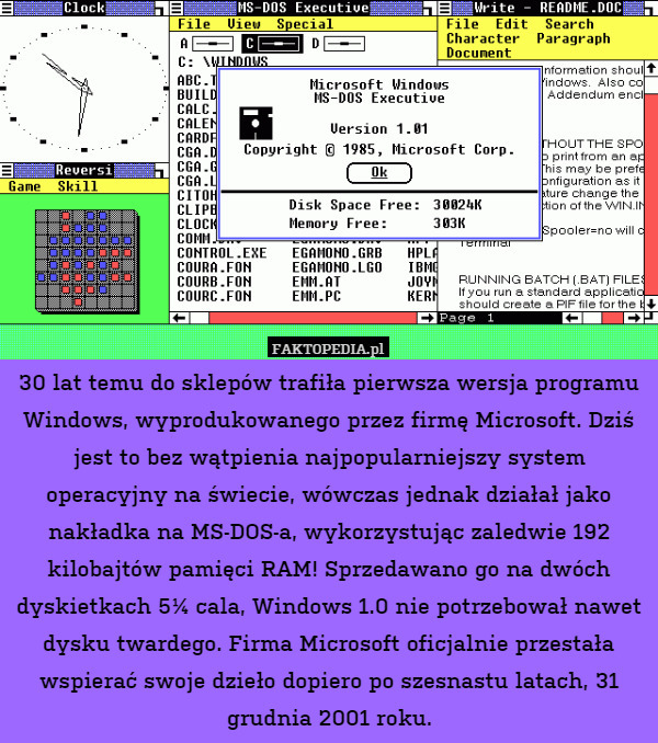 30 lat temu do sklepów trafiła pierwsza wersja programu Windows, wyprodukowanego przez firmę Microsoft. Dziś jest to bez wątpienia najpopularniejszy system operacyjny na świecie, wówczas jednak działał jako nakładka na MS-DOS-a, wykorzystując zaledwie 192 kilobajtów pamięci RAM! Sprzedawano go na dwóch dyskietkach 5¼ cala, Windows 1.0 nie potrzebował nawet dysku twardego. Firma Microsoft oficjalnie przestała wspierać swoje dzieło dopiero po szesnastu latach, 31 grudnia 2001 roku. 