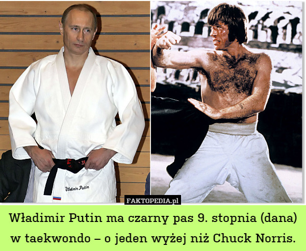 Władimir Putin ma czarny pas 9. stopnia (dana)
w taekwondo – o jeden wyżej niż Chuck Norris. 