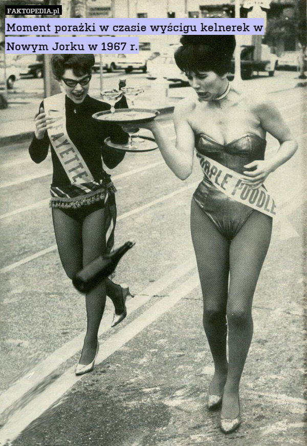 Moment porażki w czasie wyścigu kelnerek w Nowym Jorku w 1967 r. 
