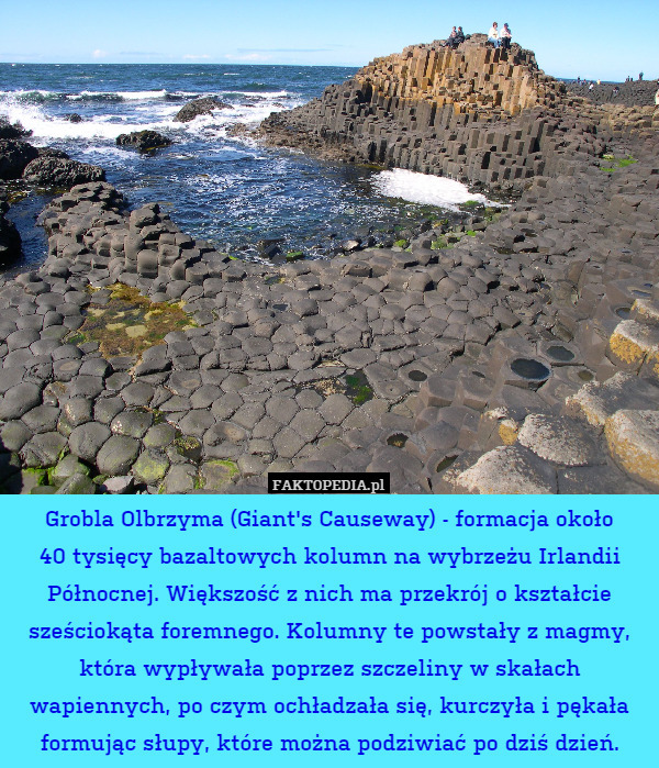 Grobla Olbrzyma (Giant's Causeway) - formacja około
40 tysięcy bazaltowych kolumn na wybrzeżu Irlandii Północnej. Większość z nich ma przekrój o kształcie sześciokąta foremnego. Kolumny te powstały z magmy, która wypływała poprzez szczeliny w skałach wapiennych, po czym ochładzała się, kurczyła i pękała formując słupy, które można podziwiać po dziś dzień. 