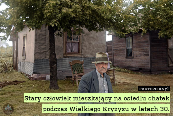 Stary człowiek mieszkający na osiedlu chatek podczas Wielkiego Kryzysu w latach 30. 
