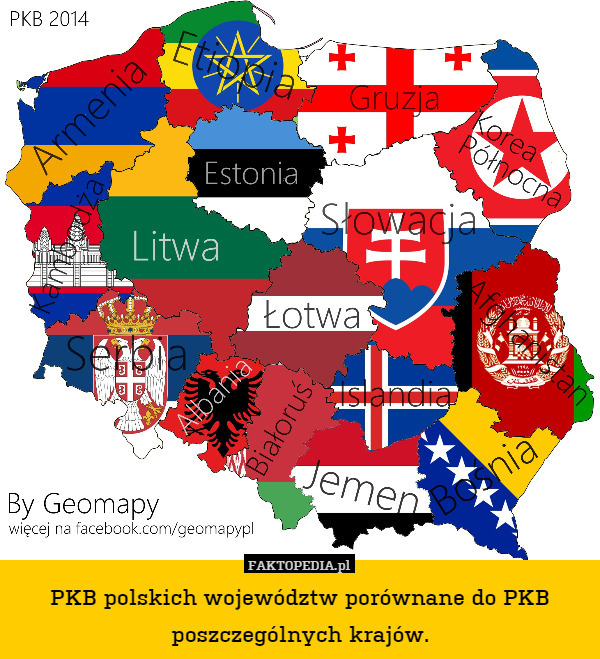 PKB polskich województw porównane do PKB poszczególnych krajów. 