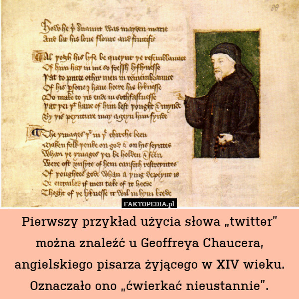 Pierwszy przykład użycia słowa „twitter” można znaleźć u Geoffreya Chaucera, angielskiego pisarza żyjącego w XIV wieku. Oznaczało ono „ćwierkać nieustannie”. 