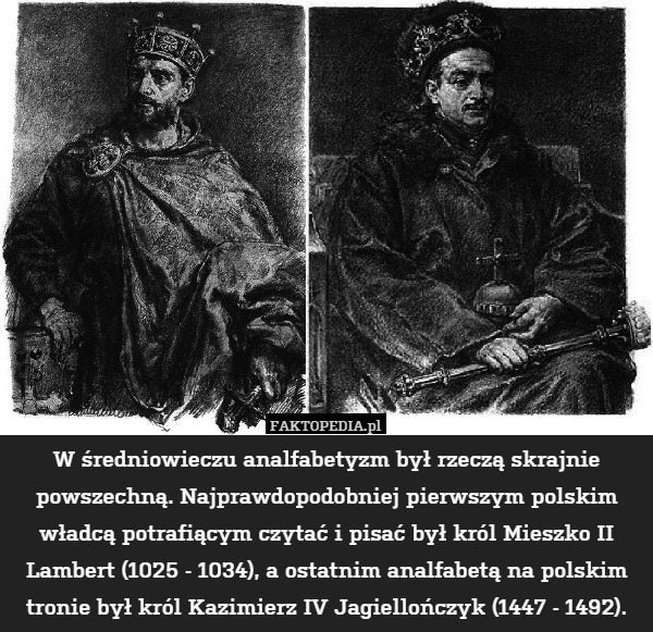 W średniowieczu analfabetyzm był rzeczą skrajnie powszechną. Najprawdopodobniej pierwszym polskim władcą potrafiącym czytać i pisać był król Mieszko II Lambert (1025 - 1034), a ostatnim analfabetą na polskim tronie był król Kazimierz IV Jagiellończyk (1447 - 1492). 