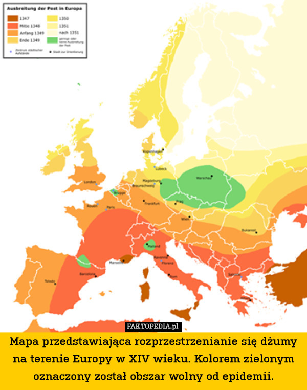 Mapa przedstawiająca rozprzestrzenianie się dżumy na terenie Europy w XIV wieku. Kolorem zielonym oznaczony został obszar wolny od epidemii. 