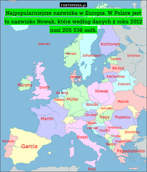 Najpopularniejsze nazwiska w Europie. W Polsce jest to nazwisko Nowak, które według danych z roku 2012 nosi 205 536 osób. 