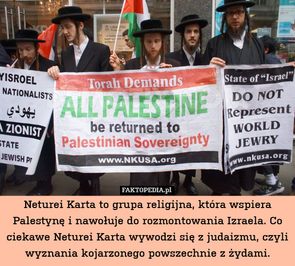 Neturei Karta to grupa religijna, która wspiera Palestynę i nawołuje do rozmontowania Izraela. Co ciekawe Neturei Karta wywodzi się z judaizmu, czyli wyznania kojarzonego powszechnie z żydami. 